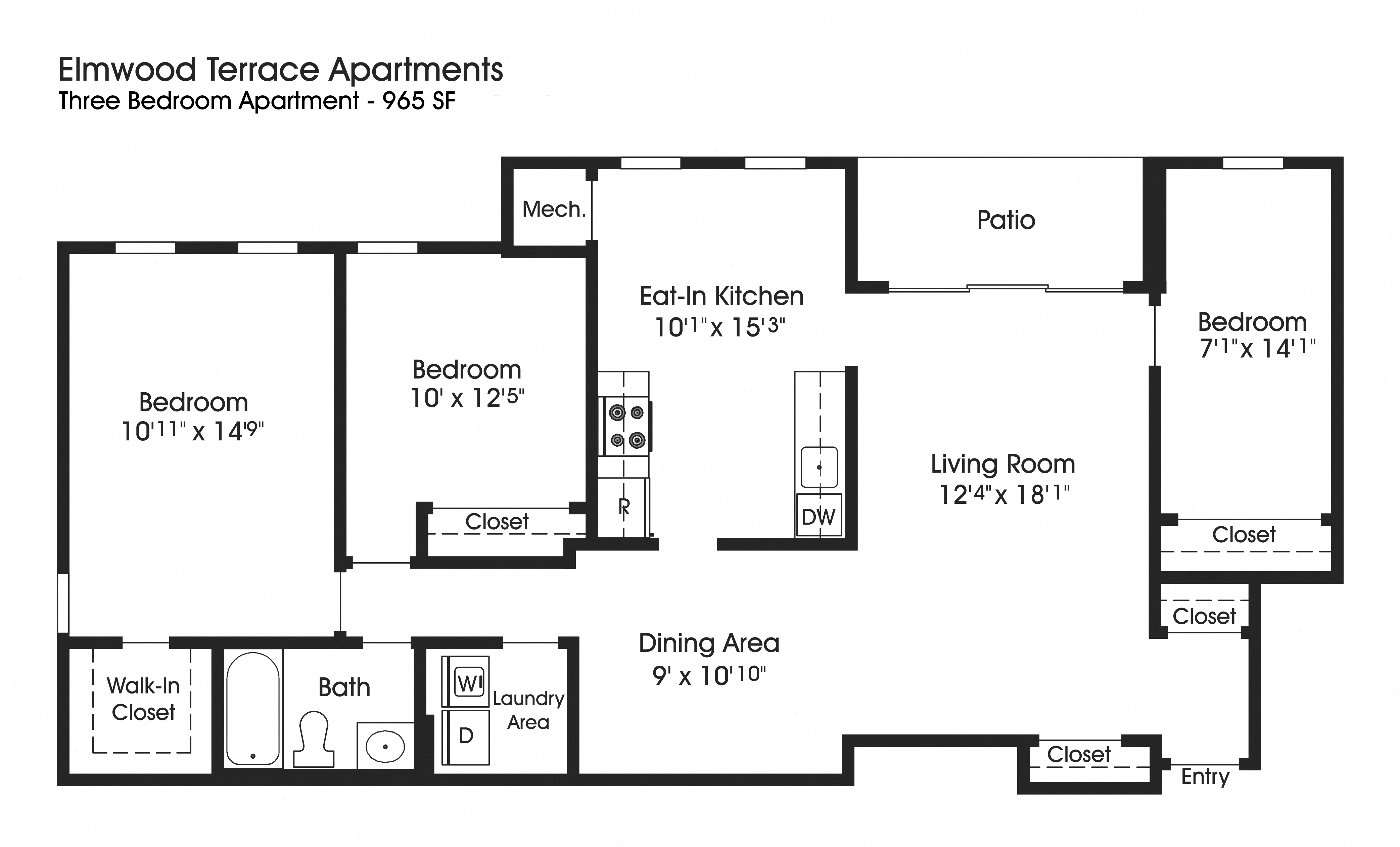Floor plan for 3 beds, 1 bath, 965 sqft